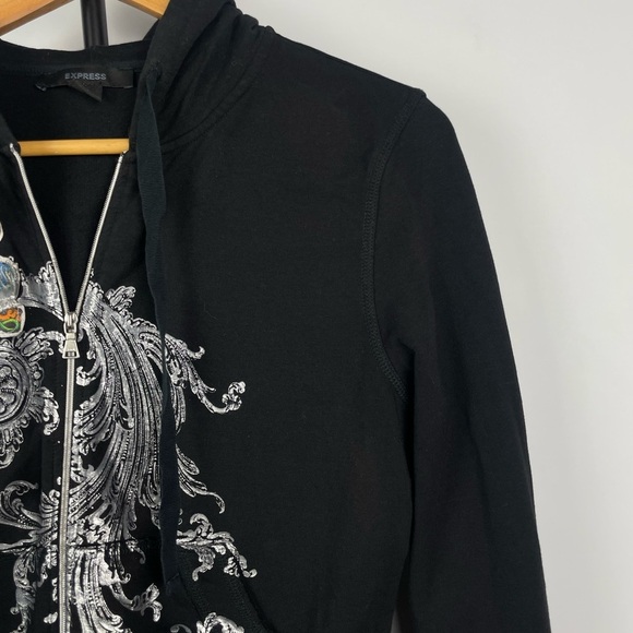 Express Black Y2K 2000s Graphic Print Full Zip Cropped Hoodie Sweater - Picture 2 of 9